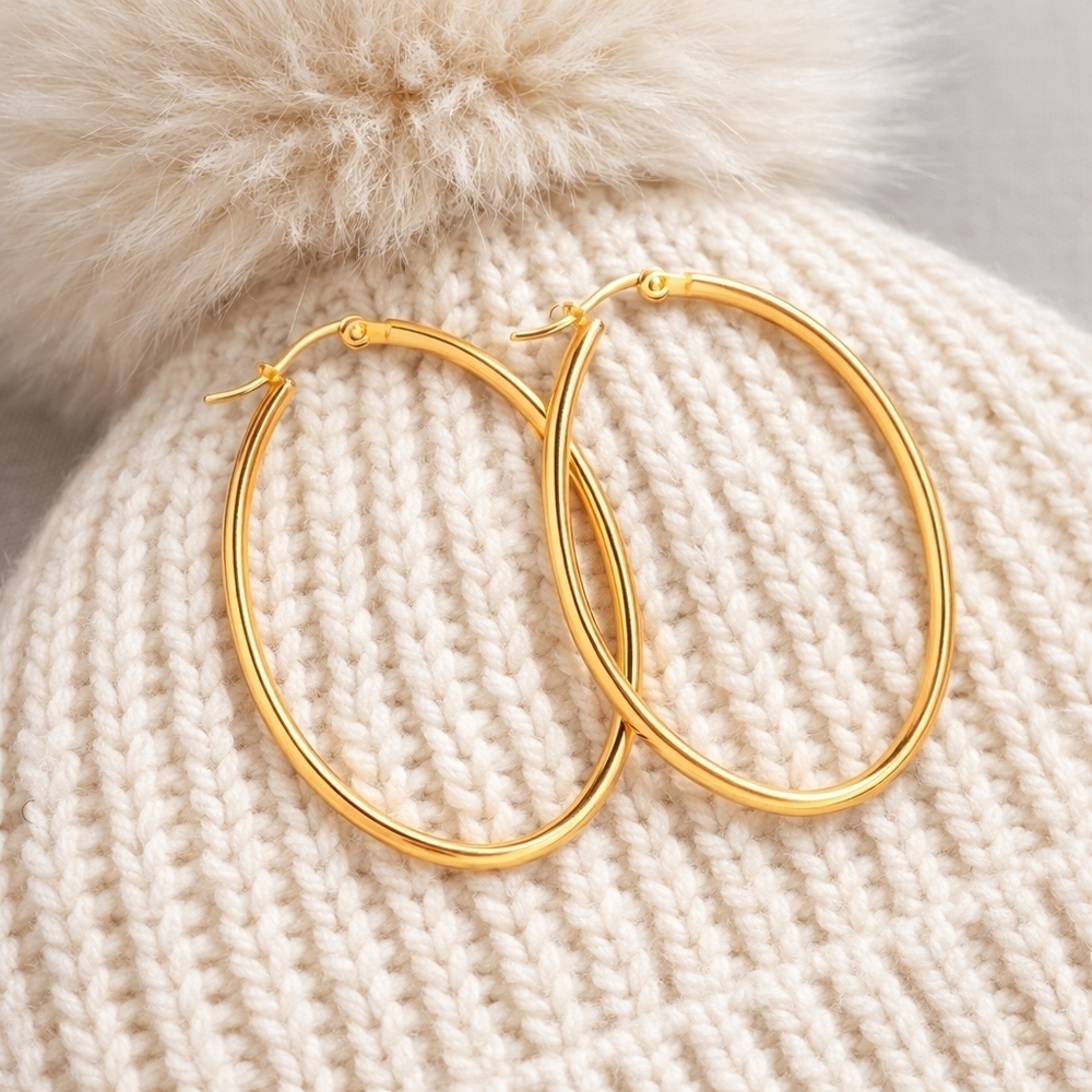 18K Gold Plated Stainless Steel Oval Hoop Earrings Large Minimalist Streetwear